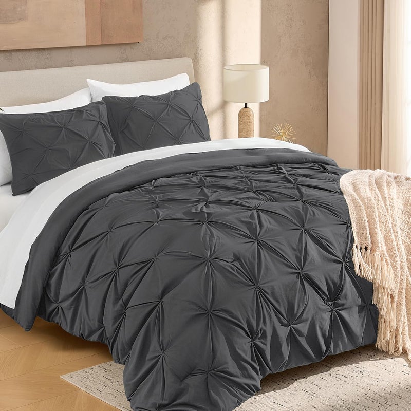 Andency Dark Gray Queen Comforter Set, 3 Piece All Season Decorative Pintuck Bedding Comforter & Sets, Grey Soft Microfiber Lightweight Washable Bed Set for Queen Size Bed - Image 1